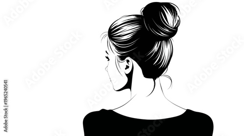 Silhouette of a woman with a hair bun, viewed from behind, black and white illustration