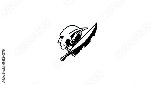 A side profile of a creature with pointed ears and a blade behind. Black and white logo