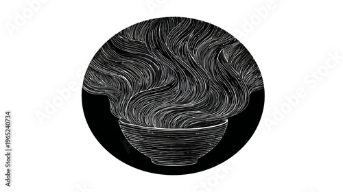 Monochromatic sketch of steaming food in bowl, set within a black circle