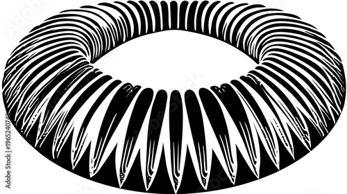 Monochrome illustration of torus shape with repeated pattern