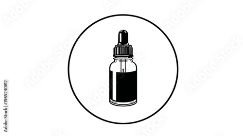 Isolated bottle with dropper inside a circle in black and white on a white background