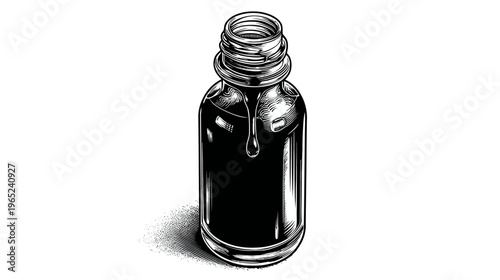 Engraved style black liquid bottle with open neck, drop forming and dot shaded shadow