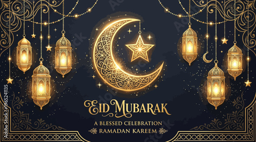 Eid Mubarak decorative lanterns with crescent moon and star.