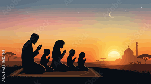 Silhouetted group of people praying together.