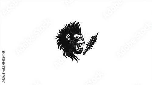 Black and white illustration featuring a gorilla snarling while gripping a spiked club