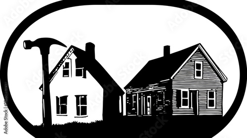 Two houses in black and white silhouette with hammer and oval border