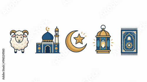 Ramadan Islamic Symbols Collection Mosque Crescent Moon Lantern Quran.