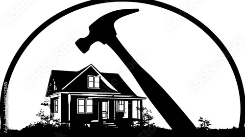 Black and white graphic of a house and hammer under an arch on a ground plane