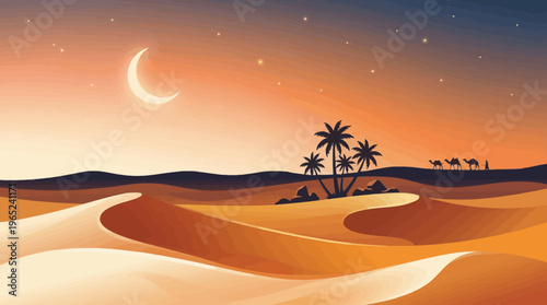 Desert dunes at sunset with crescent moon and palm trees.