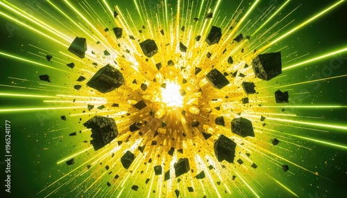Brilliant Energy Burst with Fragmented Debris and Light Beams for Dynamic Visuals