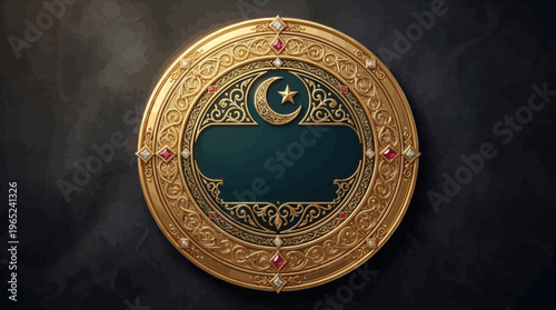 Gold round coin medallion with crescent moon and star emblem.