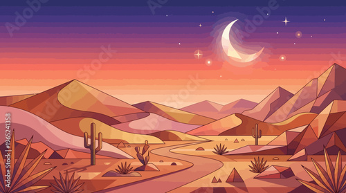 Desert Landscape Dunes Mountains Moon Sunset Sky.