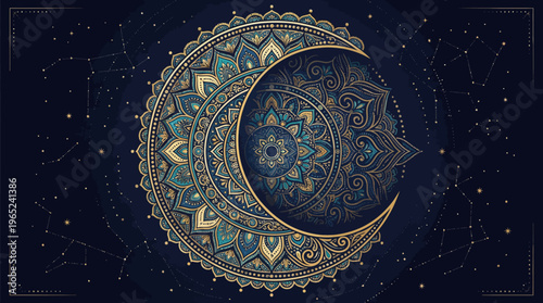 Ornate Crescent Moon Mandala Artwork Design.