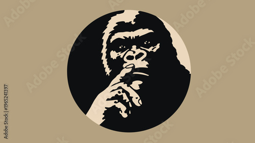 Silhouetted gorilla in a circle, appears thoughtful. Beige background complements the black and tan portrait