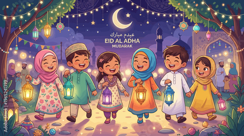 Group of joyful children carrying lanterns during festival night.