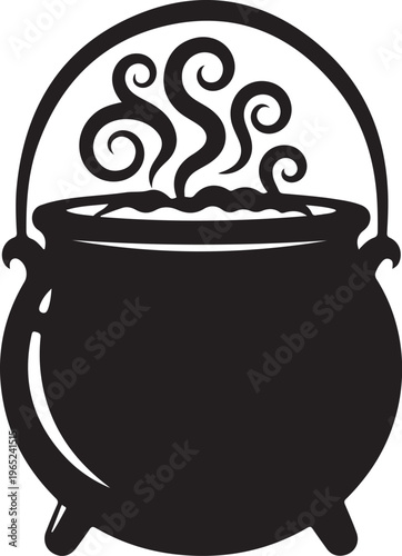 Black cauldron, witchcraft symbol, boiling pot, Halloween icon, vector illustration