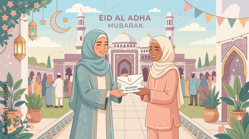 Two Hijab Wearing Women Exchanging A Gift.