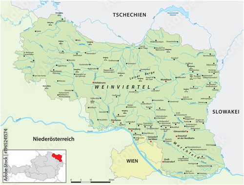 Map of the Weinviertel region in northeastern Lower Austria, Austria