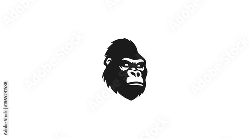 A stark black and white illustration depicting a gorilla head. The gorilla's face fills the frame