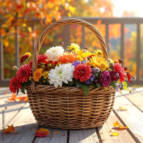 A wicker basket overflows with vibrant flowers on a wooden deck