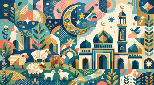 Colorful Sheep In Stylized Landscape Illustration.