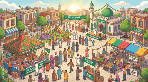 Crowded colorful market square bustling with shoppers and stalls.