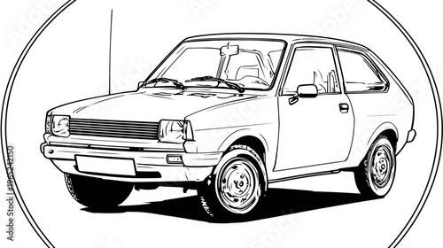 Outline illustration of a compact hatchback, stylized in a bold, vintage design