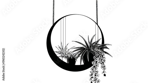 Line-art drawing of plants inside a crescent-moon shaped ring