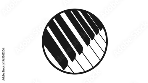 A black and white circular design features stylized piano keys