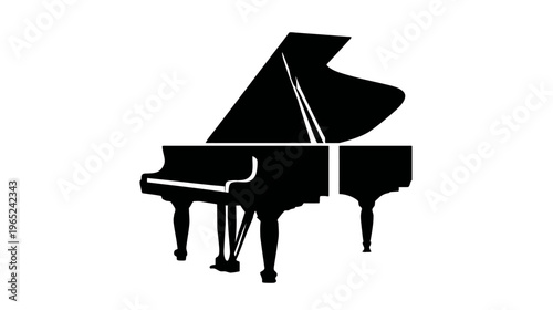 A stark, minimalist black and white rendering of a grand piano with open lid