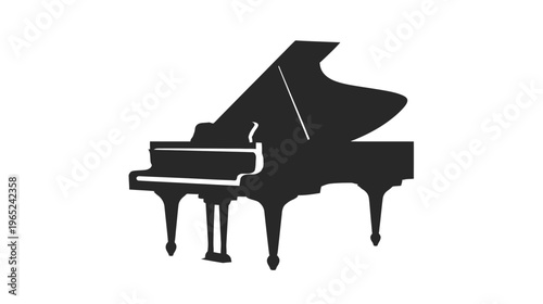 Silhouetted grand piano against white background. Keys visible. Classic musical instrument