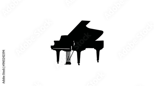 Silhouetted grand piano against a white background, featuring the keys, legs, and open lid