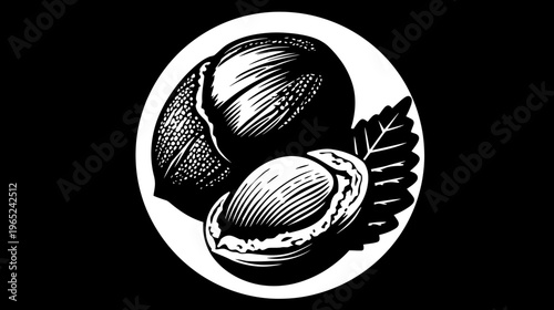 Black and white graphic of whole and shelled nuts with leaf in a circle
