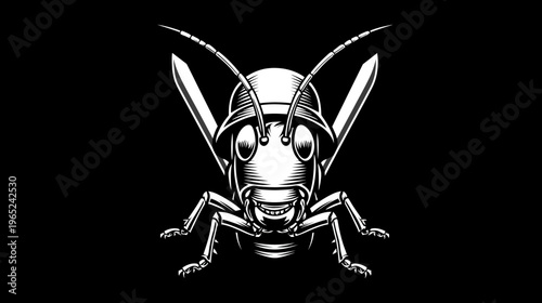 A stylized grasshopper-like insect warrior, wearing a helmet and wielding blades on a black background