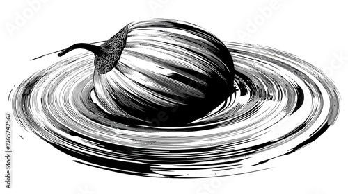 Monochrome illustration of an eggplant surrounded by swirling, brushstroke-like rings