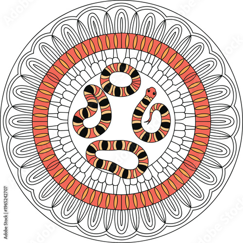 Three striped coral snakes inside a circular mandala pattern with orange and black colors