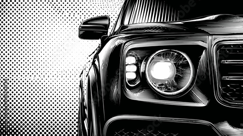 Graphic car detail with halftone background, rendered in black and white line-art