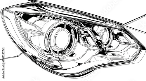 Close-up black and white outline of a car headlight with complex reflective details
