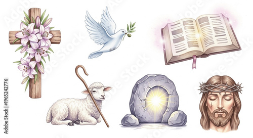 Christian Easter Symbols Set Cross Dove Bible Lamb Crown of Thorns Resurrection Illustration