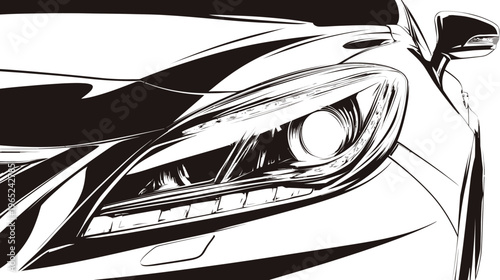 Car's headlight detail shown in black and white high-contrast graphic illustration
