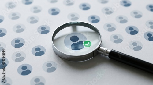 Resume screening during job search with magnifier focused on selected profile icon showing applicant filtering recruiter analysis qualification review and hiring decision workflow