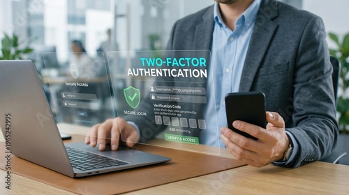 Two factor authentication for customer identification with mobile verification and laptop sign in showing secure onboarding identity approval privacy control and access protection