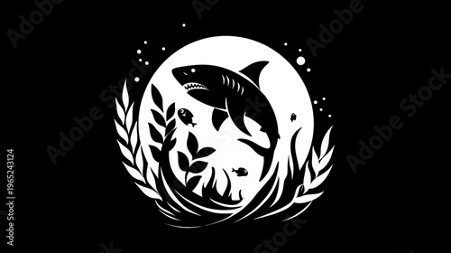A stark, bold illustration of a shark leaping from the sea, surrounded by aquatic plants