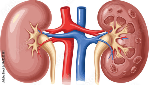 Human kidney anatomy medical illustration showing renal system cross section with arteries veins ureter internal structure healthcare biology education vector