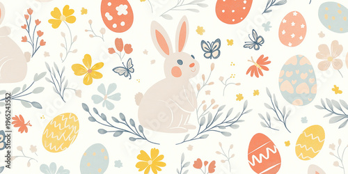 A charming seamless repeating pattern shows a friendly cartoon rabbit surrounded by various painted Easter eggs, spring flowers, butterflies, and small leaves.