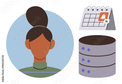 Data management, scheduling, reminders, user profiles, technology interfaces, server operations. Woman avatar, database symbol and calendar with alarm icon. Data management and scheduling concept