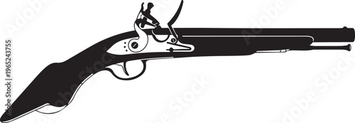 Vintage flintlock pistol, antique firearm, black and white illustration, historical weapon