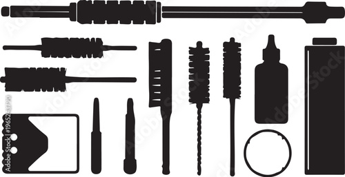 Gun cleaning kit, rifle maintenance tools, firearm accessories, black silhouette icons
