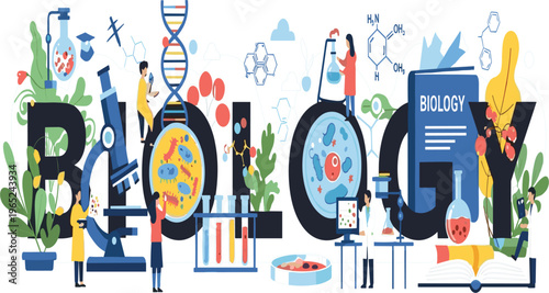 Biology science concept illustration with DNA microscope laboratory research scientists cells molecules experiments and education elements creative vector design