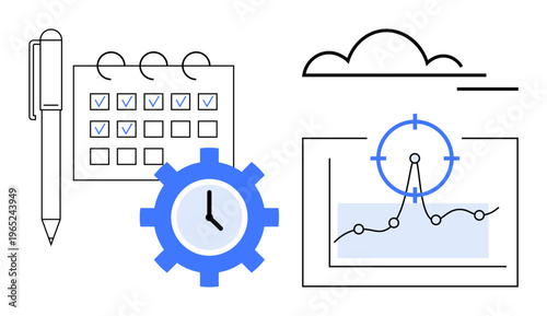 Time management, project planning, productivity tracking, workflow optimization, data visualization, and goal setting. Calendar with checkmarks, gear with clock and chart display. Time management